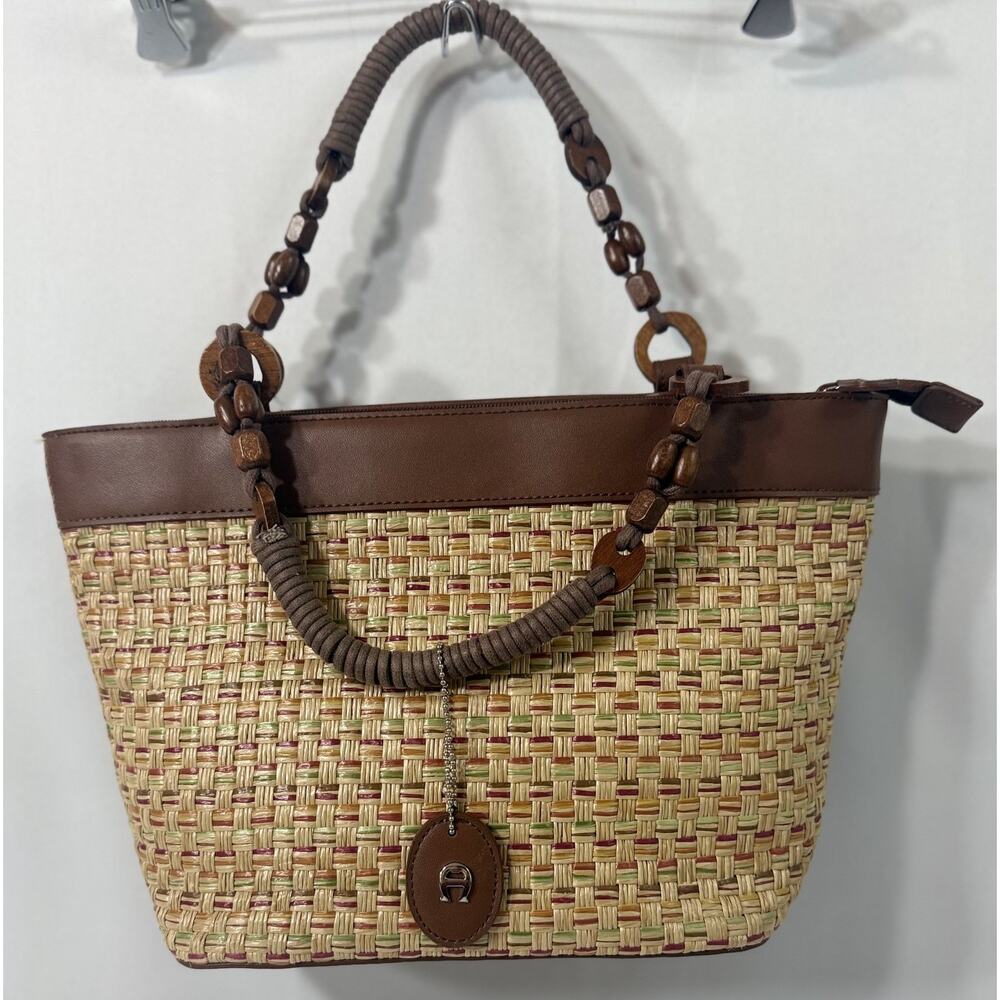 Vintage Etienne Aigner Straw & Leather Tote Bag Boho Summer Style